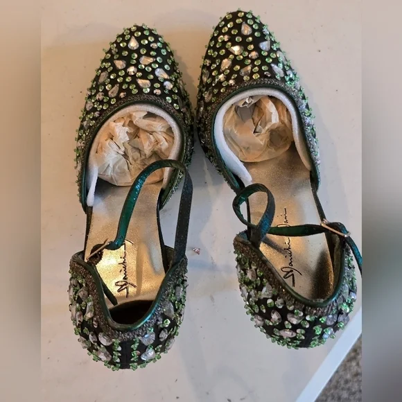 Marichi Mani Heels 8.5 Women Green Metallic Rhinestone Stiletto Party Bridal - Picture 5 of 15